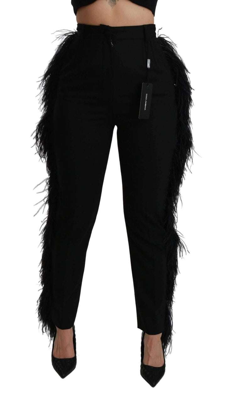 Dolce & Gabbana Black Feather Straight High Waist Wool Pants #women, Black, Brand_Dolce & Gabbana, Catch, Dolce & Gabbana, feed-agegroup-adult, feed-color-black, feed-gender-female, feed-size-IT40|S, Gender_Women, IT40|S, Kogan, Suits & Blazers - Women - Clothing, Women - New Arrivals at SEYMAYKA