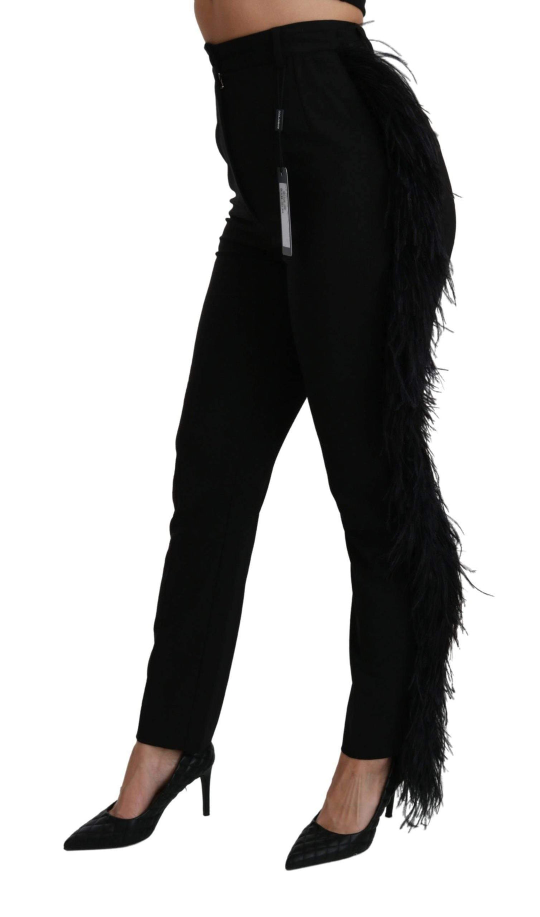 Dolce & Gabbana Black Feather Straight High Waist Wool Pants #women, Black, Brand_Dolce & Gabbana, Catch, Dolce & Gabbana, feed-agegroup-adult, feed-color-black, feed-gender-female, feed-size-IT40|S, Gender_Women, IT40|S, Kogan, Suits & Blazers - Women - Clothing, Women - New Arrivals at SEYMAYKA