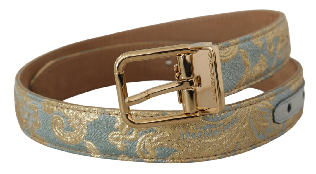 Dolce & Gabbana Blue Leather Jacquard Embossed Gold Metal Buckle Belt