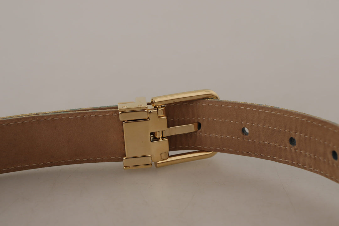 Dolce & Gabbana Blue Leather Jacquard Embossed Gold Metal Buckle Belt