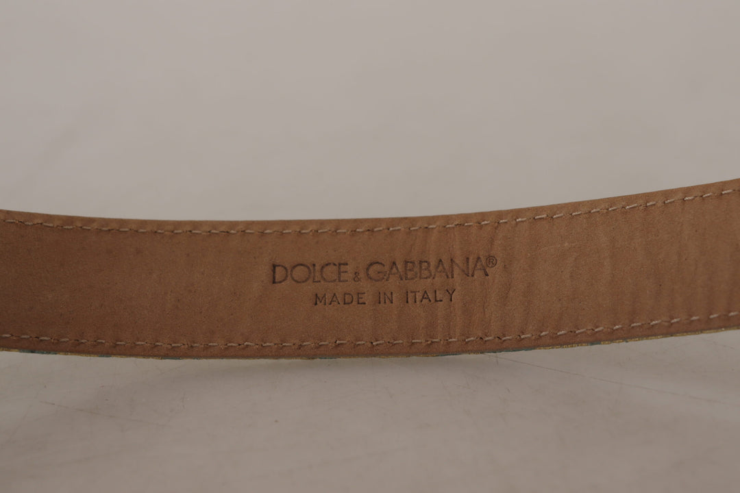 Dolce & Gabbana Blue Leather Jacquard Embossed Gold Metal Buckle Belt