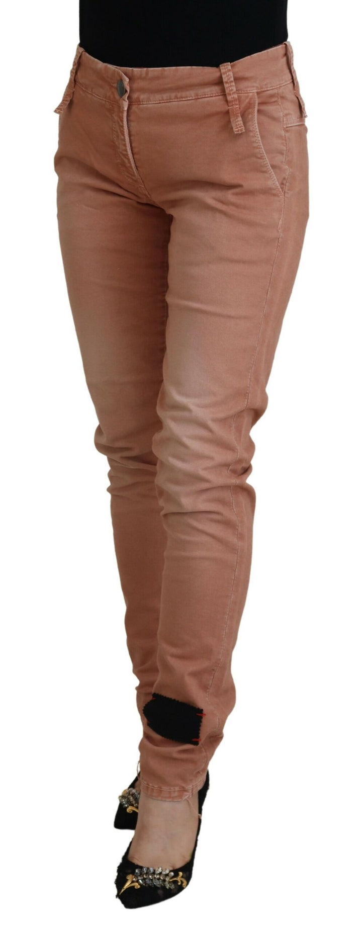 Pink Mid Waist Slim Fit Women Casual Pants