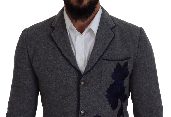 Dolce & Gabbana Gray Wool Roses Slim Fit Jacket Blazer