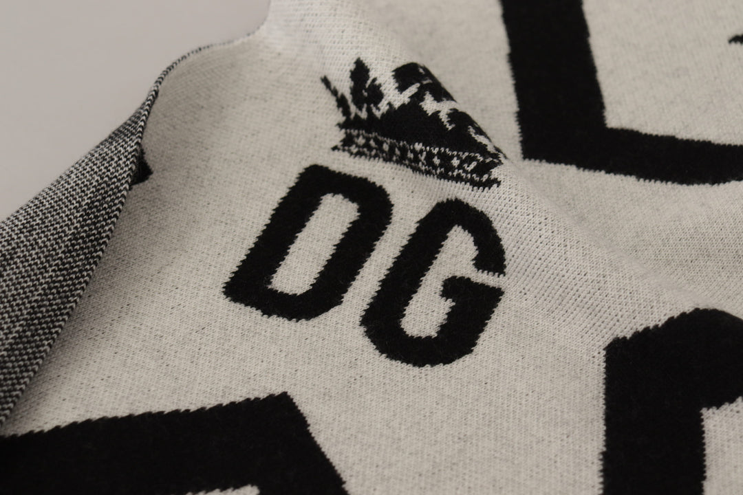 Dolce & Gabbana White Black DG Logo Star Printed Wool Fringe Scarf
