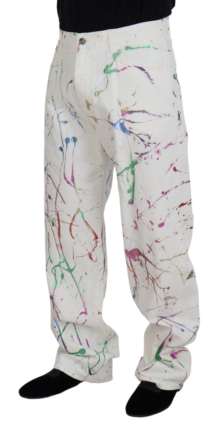 Dolce & Gabbana White Cotton Color Splash Print Denim Pants