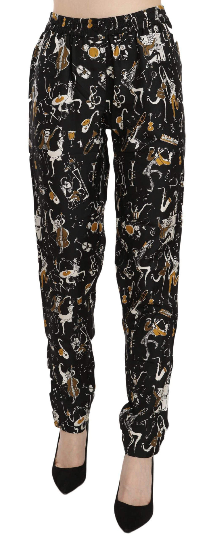 Dolce & Gabbana Black Jazz Club Print High Waist Tapered Pants #women, Black, Brand_Dolce & Gabbana, Catch, Dolce & Gabbana, feed-agegroup-adult, feed-color-black, feed-gender-female, feed-size-IT36|XXS, feed-size-IT38|XS, feed-size-IT40|S, feed-size-IT42|M, Gender_Women, IT36|XXS, IT38|XS, IT40|S, IT42|M, Jeans & Pants - Women - Clothing, Kogan, Women - New Arrivals at SEYMAYKA