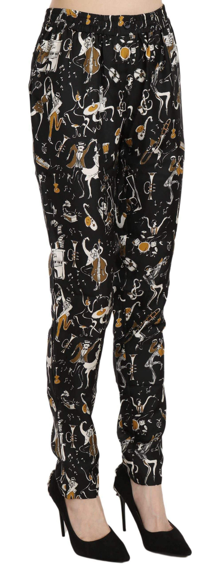 Dolce & Gabbana Black Jazz Club Print High Waist Tapered Pants #women, Black, Brand_Dolce & Gabbana, Catch, Dolce & Gabbana, feed-agegroup-adult, feed-color-black, feed-gender-female, feed-size-IT36|XXS, feed-size-IT38|XS, feed-size-IT40|S, feed-size-IT42|M, Gender_Women, IT36|XXS, IT38|XS, IT40|S, IT42|M, Jeans & Pants - Women - Clothing, Kogan, Women - New Arrivals at SEYMAYKA