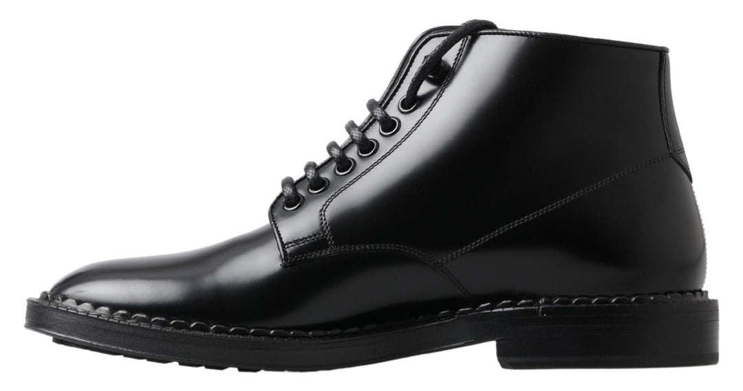 Dolce & Gabbana Black Leather Men Short Boots Lace Up Shoes