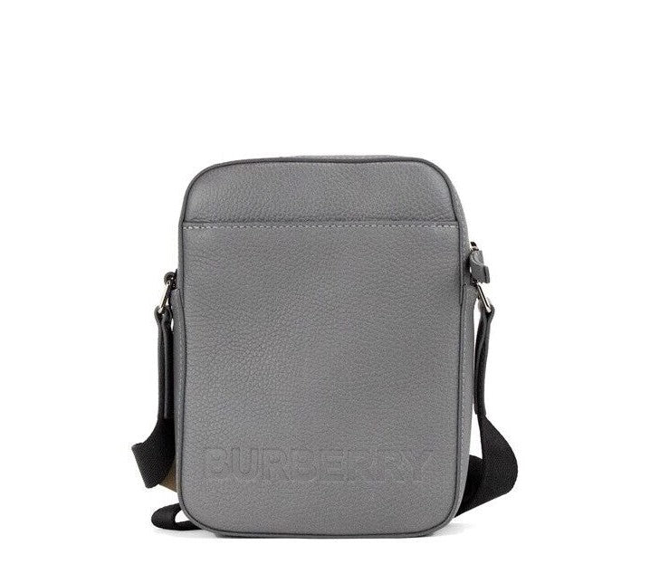 Burberry Thornton Small Grey Embossed Logo Grainy Leather Crossbody Handbag