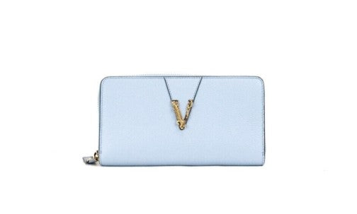 Versace Large Cornflower Grainy Leather Zip Around Clutch Wallet