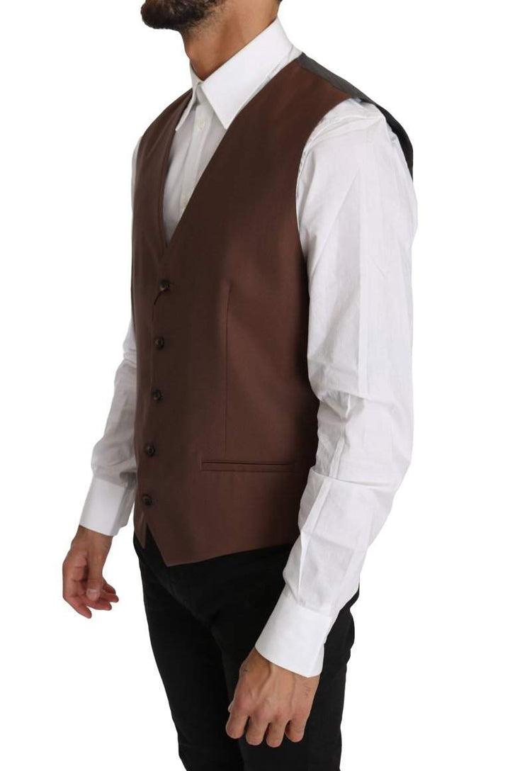 Dolce & Gabbana  Brown Wool Silk Waistcoat Vest #men, Brand_Dolce & Gabbana, Brown, Catch, Dolce & Gabbana, feed-agegroup-adult, feed-color-brown, feed-gender-male, feed-size-IT50 | L, feed-size-IT54 | XXL, Gender_Men, IT50 | L, IT54 | XXL, Kogan, Men - New Arrivals, Vests - Men - Clothing at SEYMAYKA