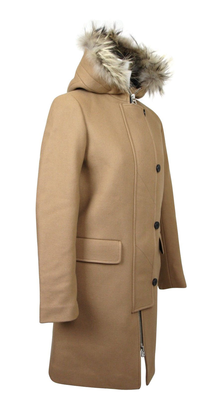 Sandro  Camel Kurt Wool Coat Fur Trim Hood