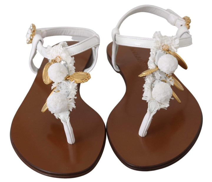 Dolce & Gabbana  White Leather Coins Flip Flops Sandals Shoes #women, Brand_Dolce & Gabbana, Catch, Category_Shoes, Dolce & Gabbana, EU35/US4.5, feed-agegroup-adult, feed-color-white, feed-gender-female, feed-size-US4.5, Gender_Women, Kogan, Sandals - Women - Shoes, Shoes - New Arrivals, White at SEYMAYKA