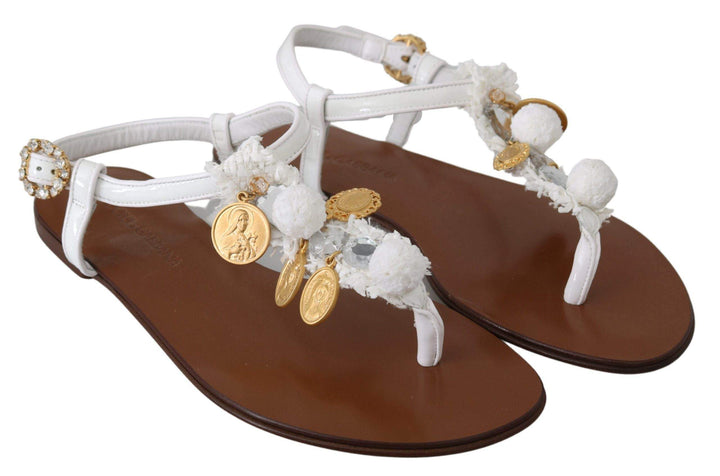 Dolce & Gabbana  White Leather Coins Flip Flops Sandals Shoes #women, Brand_Dolce & Gabbana, Catch, Category_Shoes, Dolce & Gabbana, EU35/US4.5, feed-agegroup-adult, feed-color-white, feed-gender-female, feed-size-US4.5, Gender_Women, Kogan, Sandals - Women - Shoes, Shoes - New Arrivals, White at SEYMAYKA