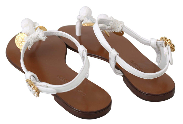 Dolce & Gabbana  White Leather Coins Flip Flops Sandals Shoes #women, Brand_Dolce & Gabbana, Catch, Category_Shoes, Dolce & Gabbana, EU35/US4.5, feed-agegroup-adult, feed-color-white, feed-gender-female, feed-size-US4.5, Gender_Women, Kogan, Sandals - Women - Shoes, Shoes - New Arrivals, White at SEYMAYKA