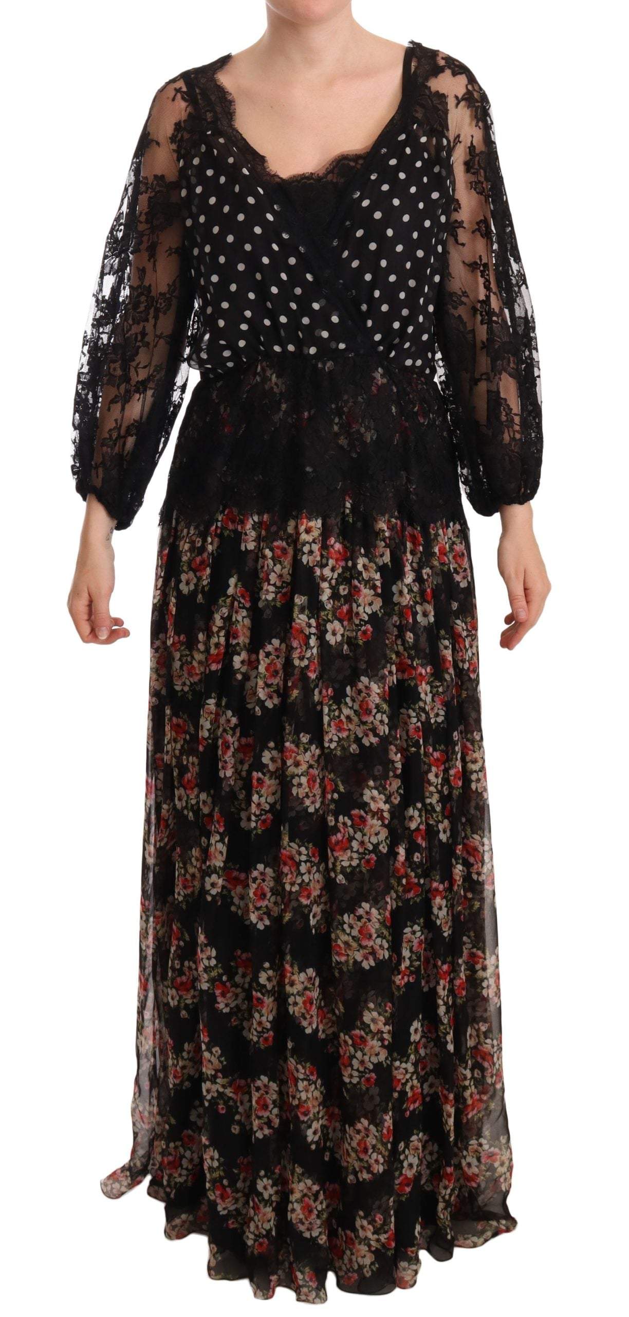 Dolce & Gabbana Black Lace Floral Polka Maxi Capri Dress Black, Dolce & Gabbana, Dresses - Women - Clothing, feed-1, IT46|XL at SEYMAYKA