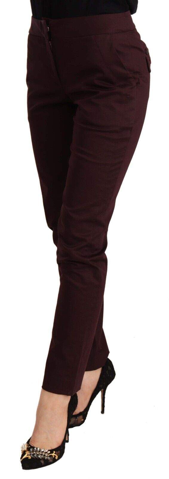 Just Cavalli Maroon Mid Waist Skinny  Trouser Pants feed-1, IT40|S, Jeans & Pants - Women - Clothing, Just Cavalli, Marrone at SEYMAYKA