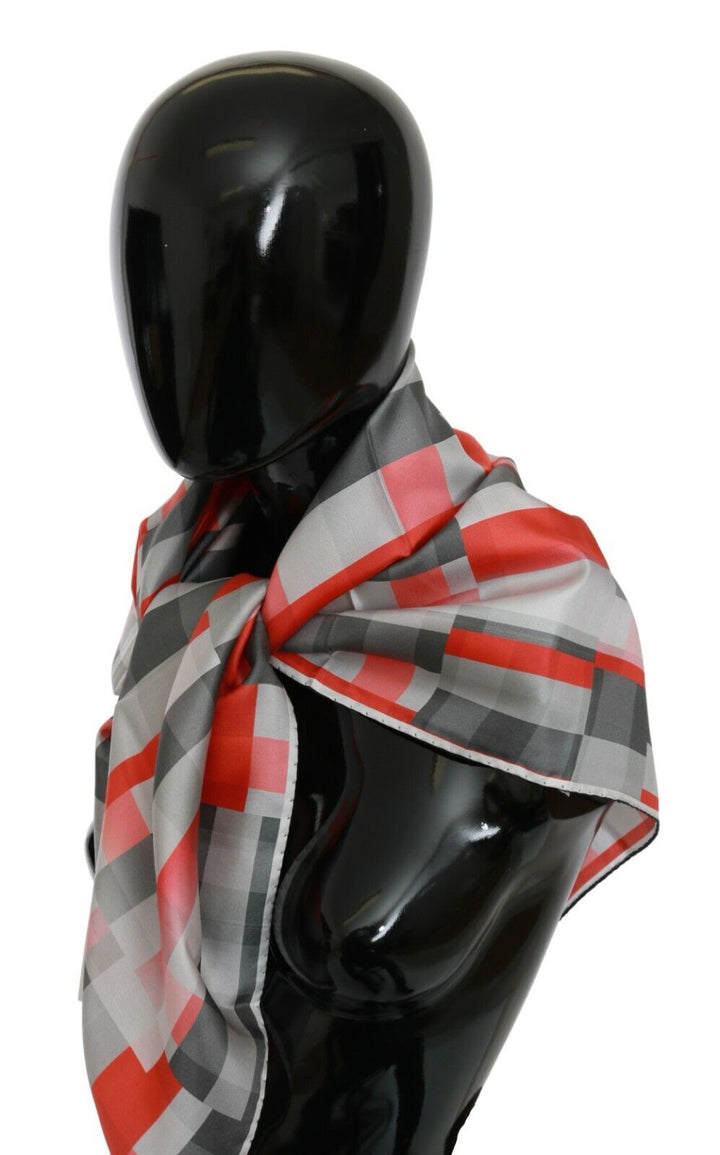 Costume National Gray Red Silk Shawl Foulard Wrap  Scarf