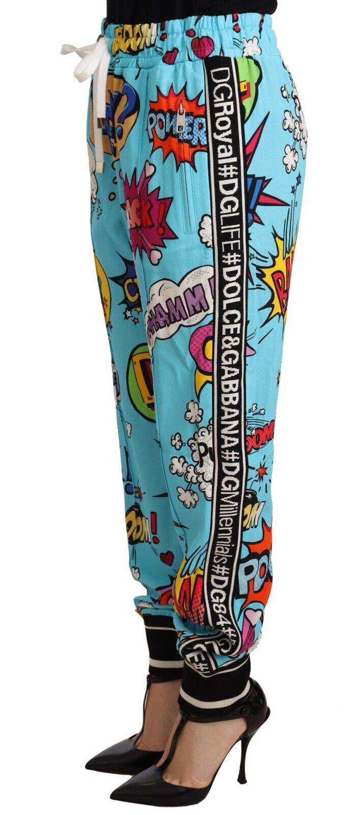 Dolce & Gabbana Blue Cartoon Print Jogger Viscose Stretch Pants Blue, Dolce & Gabbana, feed-1, IT40|S, Jeans & Pants - Women - Clothing at SEYMAYKA