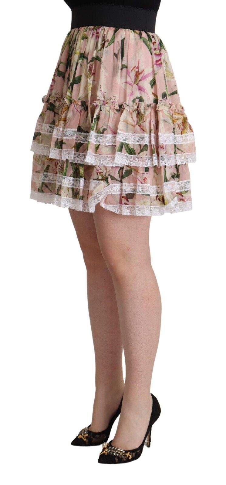 Dolce & Gabbana Pink Lily Print Silk Mini Tiered A-line Skirt Dolce & Gabbana, feed-1, IT42|M, Pink, Skirts - Women - Clothing at SEYMAYKA