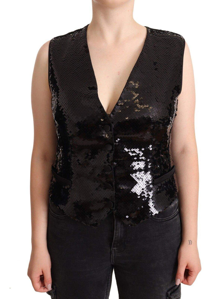 Dolce & Gabbana Black Sequin V-Neck Sleeveless Vest Tank Top Black, Dolce & Gabbana, feed-1, IT48|XXL, Vests - Women - Clothing at SEYMAYKA