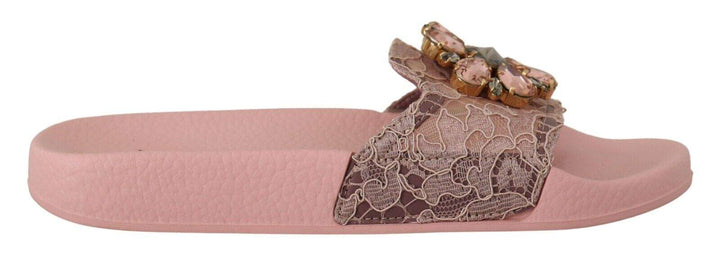 Dolce & Gabbana Pink Lace Crystal Sandals Slides Beach Dolce & Gabbana, EU36/US5.5, feed-1, Flat Shoes - Women - Shoes, Pink at SEYMAYKA