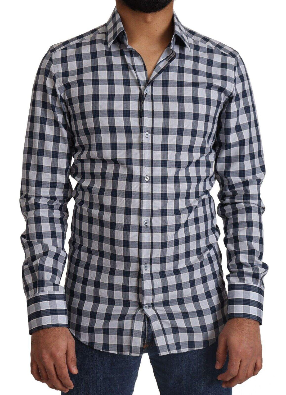 Dolce & Gabbana Blue White Check Cotton Slim Fit GOLD Shirt #men, Blue and White, Dolce & Gabbana, feed-1, IT38 | XS, Shirts - Men - Clothing at SEYMAYKA