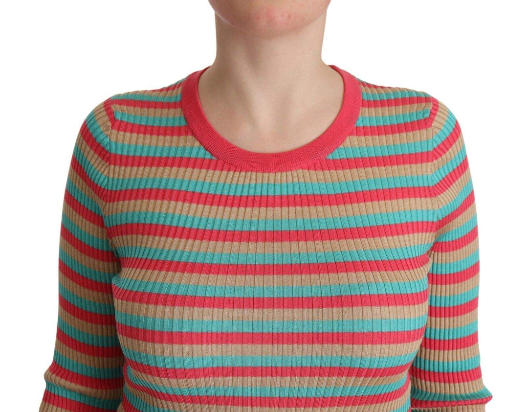 Dolce & Gabbana Multicolor Stripes Silk Crew Neck Pullover Top Dolce & Gabbana, feed-1, IT44|L, Multicolor, Tops & T-Shirts - Women - Clothing at SEYMAYKA