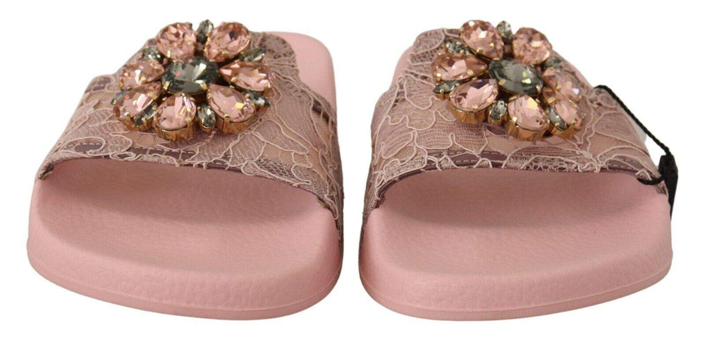 Dolce & Gabbana Pink Lace Crystal Sandals Slides Beach Dolce & Gabbana, EU36/US5.5, feed-1, Flat Shoes - Women - Shoes, Pink at SEYMAYKA