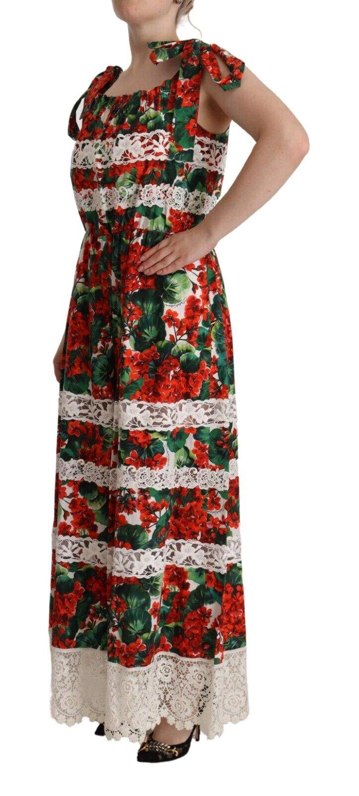 Dolce & Gabbana Multicolor Geranium Print Lace Long Maxi Dress Dolce & Gabbana, Dresses - Women - Clothing, feed-1, IT42|M, IT44|L, Multicolor at SEYMAYKA