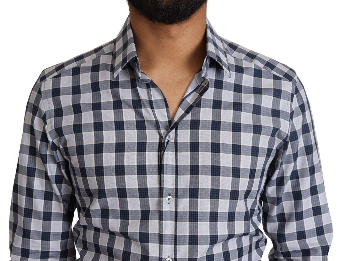 Dolce & Gabbana Blue White Check Cotton Slim Fit GOLD Shirt #men, Blue and White, Dolce & Gabbana, feed-1, IT38 | XS, Shirts - Men - Clothing at SEYMAYKA