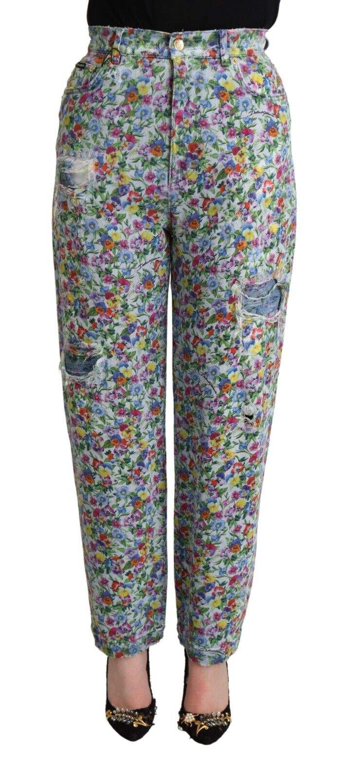 Dolce & Gabbana Blue Floral Print High Waist Denim Tapered Jeans Blue, Dolce & Gabbana, feed-1, IT40|S, Jeans & Pants - Women - Clothing at SEYMAYKA