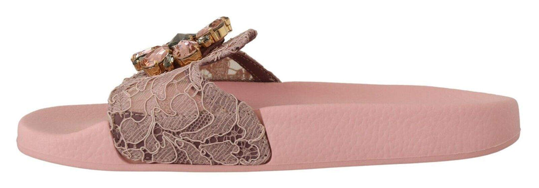 Dolce & Gabbana Pink Lace Crystal Sandals Slides Beach Dolce & Gabbana, EU36/US5.5, feed-1, Flat Shoes - Women - Shoes, Pink at SEYMAYKA