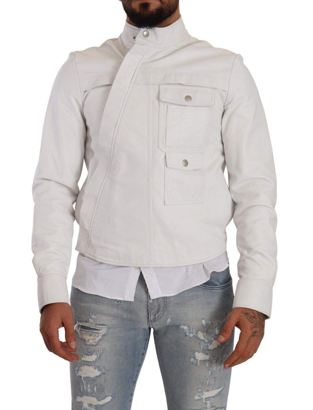 Diesel White Leather Biker Black Gold Collection Jacket #men, Diesel, feed-1, IT46 | S, IT48 | M, Jackets - Men - Clothing, White at SEYMAYKA