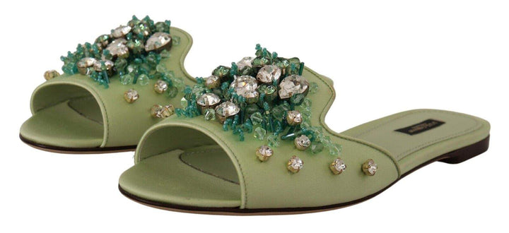 Dolce & Gabbana Green Leather Crystals Slides Women Flats Shoes Dolce & Gabbana, EU39/US8.5, feed-1, Flat Shoes - Women - Shoes, Green at SEYMAYKA