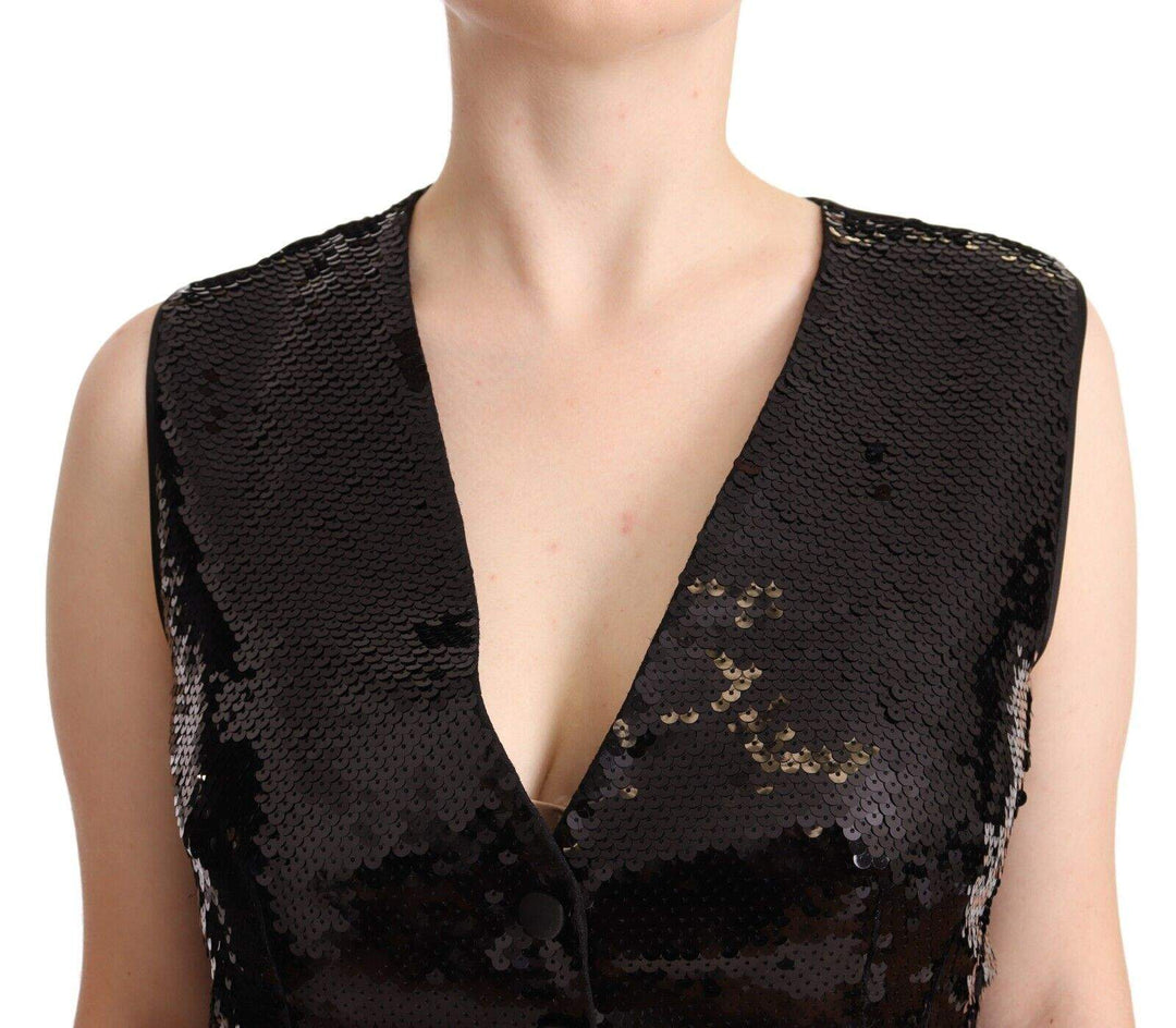 Dolce & Gabbana Black Sequin V-Neck Sleeveless Vest Tank Top Black, Dolce & Gabbana, feed-1, IT48|XXL, Vests - Women - Clothing at SEYMAYKA
