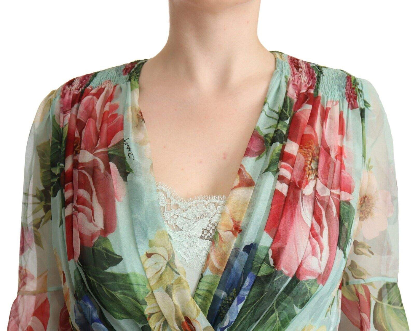 Dolce & Gabbana Green Floral Long Sleeves V-neck Midi Dress Dolce & Gabbana, Dresses - Women - Clothing, feed-1, Green, IT42|M at SEYMAYKA