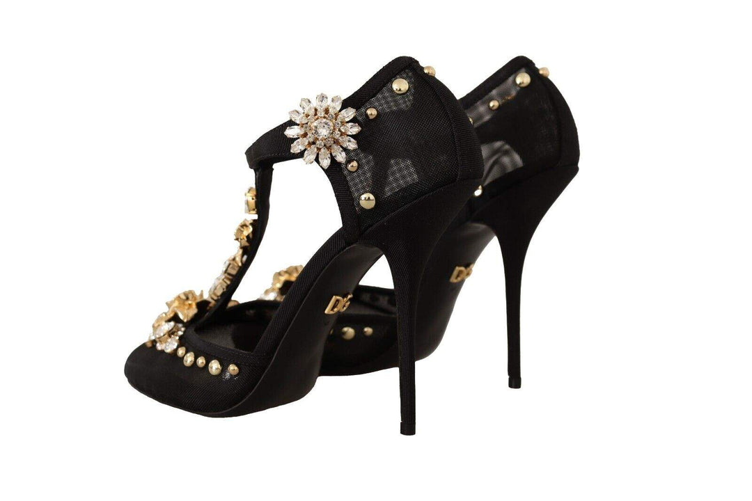 Dolce & Gabbana Black Mesh Crystals T-strap Heels Pumps Shoes Black, Dolce & Gabbana, EU39/US8.5, EU40/US9.5, EU41/US10.5, feed-1, Pumps - Women - Shoes at SEYMAYKA