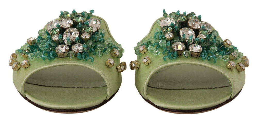 Dolce & Gabbana Green Leather Crystals Slides Women Flats Shoes Dolce & Gabbana, EU39/US8.5, feed-1, Flat Shoes - Women - Shoes, Green at SEYMAYKA