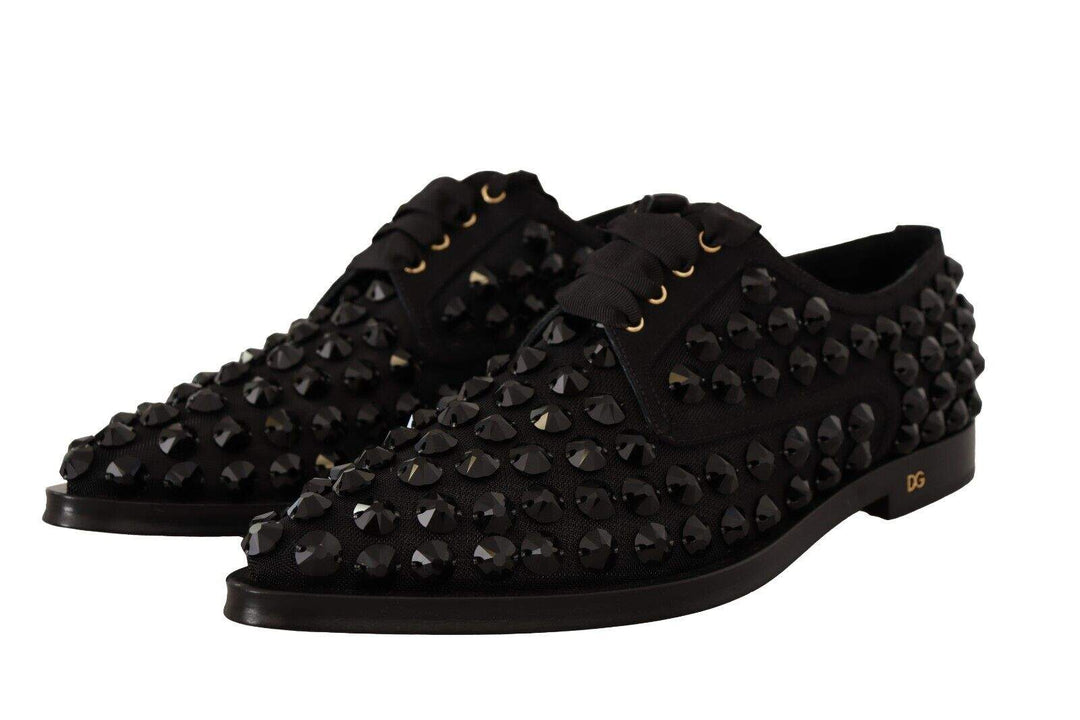 Dolce & Gabbana Black Lace Up Studded Formal Flats Shoes Black, Dolce & Gabbana, EU39/US8.5, feed-1, Flat Shoes - Women - Shoes at SEYMAYKA