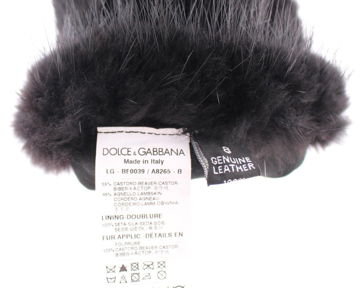 Black Beaver Fur Lambskin Leather Elbow Gloves