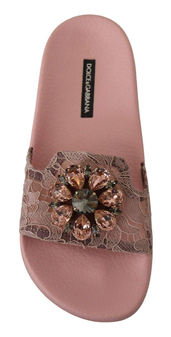 Dolce & Gabbana Pink Lace Crystal Sandals Slides Beach Dolce & Gabbana, EU36/US5.5, feed-1, Flat Shoes - Women - Shoes, Pink at SEYMAYKA