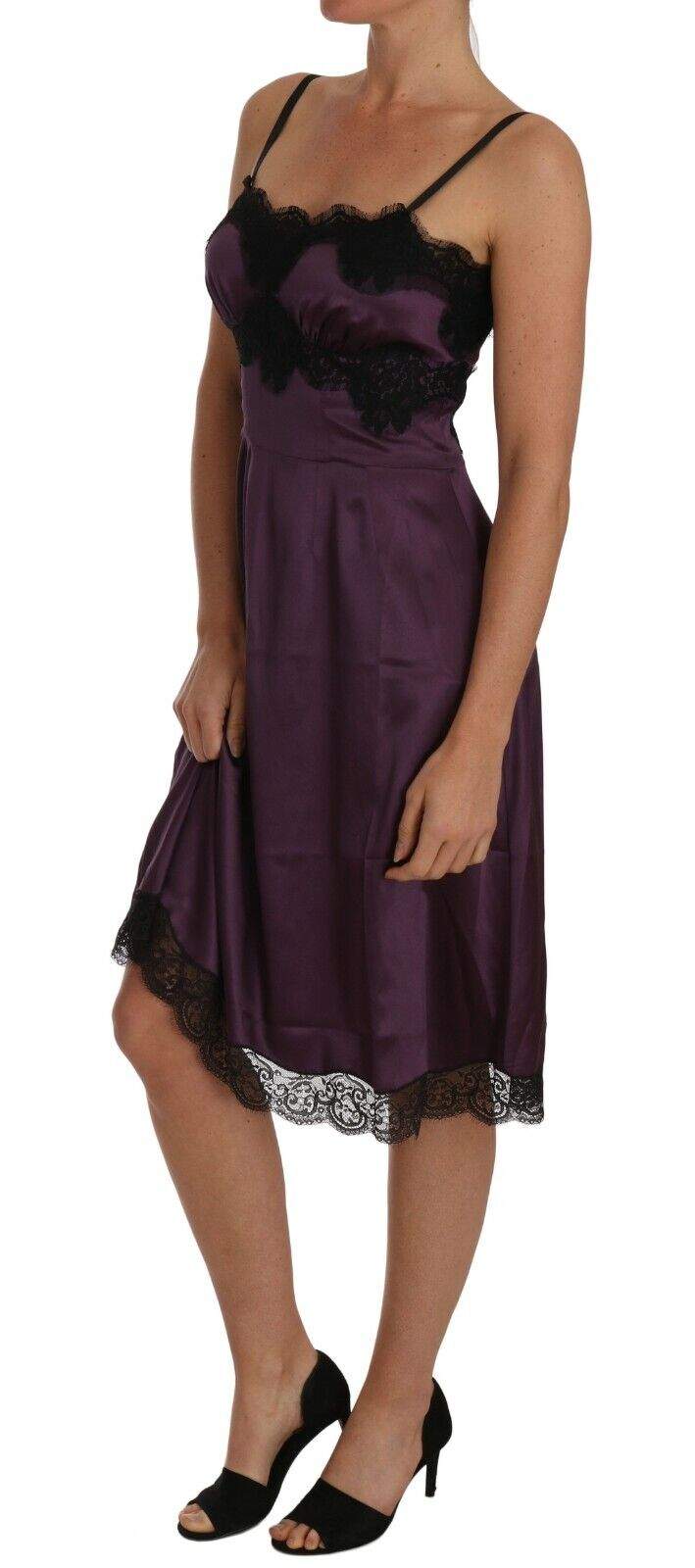 Dolce & Gabbana Purple Silk Stretch Black Lace A-Line Dress Dolce & Gabbana, Dresses - Women - Clothing, feed-agegroup-adult, feed-color-Purple, feed-gender-female, IT38|XS, IT40|S, Purple at SEYMAYKA