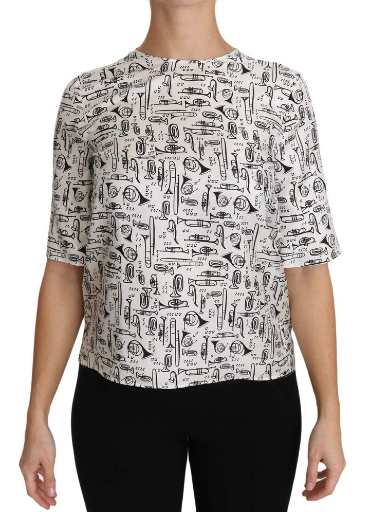 Dolce & Gabbana White Musical Instruts Print Blouse Dolce & Gabbana, feed-1, IT36|XXS, IT38|XS, IT40|S, IT42|M, IT44|L, IT46|XL, Tops & T-Shirts - Women - Clothing, White at SEYMAYKA