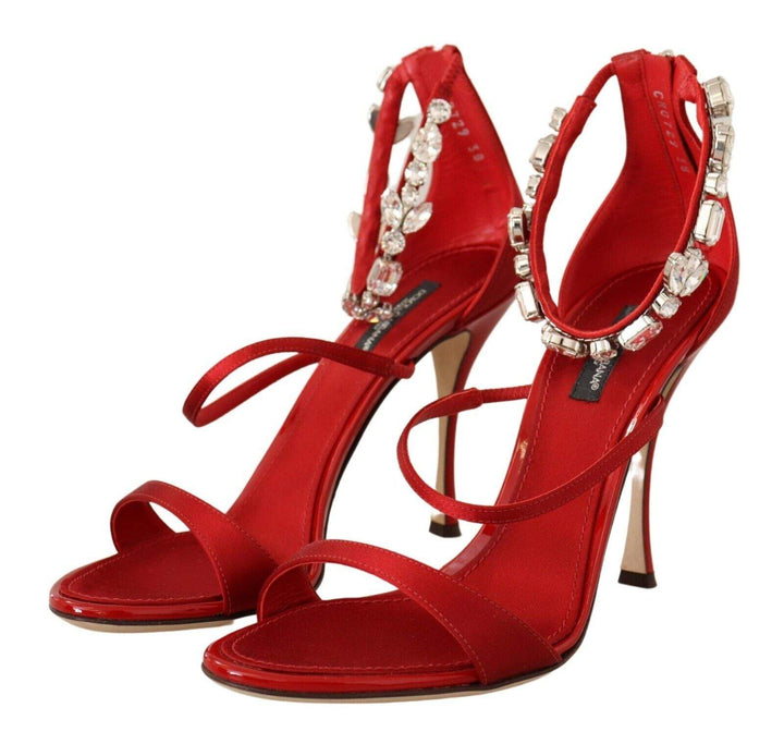 Dolce & Gabbana Red Satin Crystals Sandals Keira Heels Shoes Dolce & Gabbana, EU38/US7.5, feed-1, Red, Sandals - Women - Shoes at SEYMAYKA