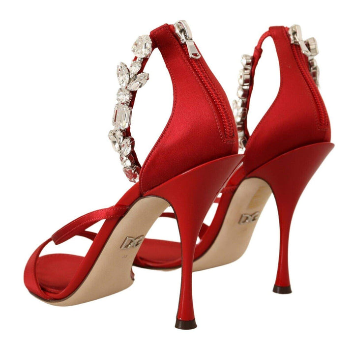 Dolce & Gabbana Red Satin Crystals Sandals Keira Heels Shoes Dolce & Gabbana, EU38/US7.5, feed-1, Red, Sandals - Women - Shoes at SEYMAYKA