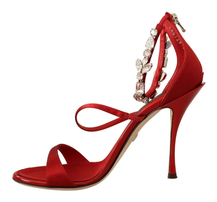 Dolce & Gabbana Red Satin Crystals Sandals Keira Heels Shoes Dolce & Gabbana, EU38/US7.5, feed-1, Red, Sandals - Women - Shoes at SEYMAYKA