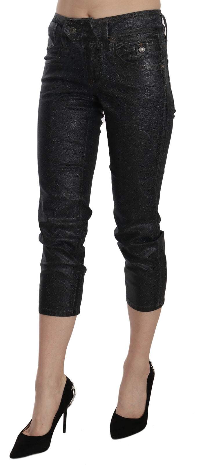 John Galliano Black Washed Mid Waist Slim Leg Cropped Denim Pants Black, feed-1, Jeans & Pants - Women - Clothing, John Galliano, W24, W25, W26, W27, W28, W29 at SEYMAYKA