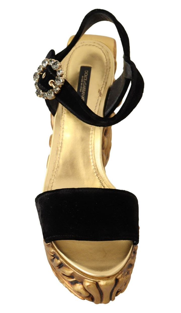 Dolce & Gabbana Black Gold Baroque Velvet Heels Crystal