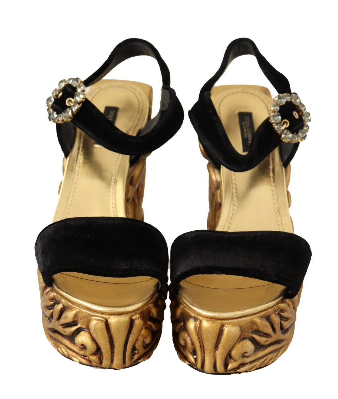 Dolce & Gabbana Black Gold Baroque Velvet Heels Crystal